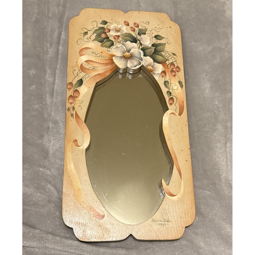 1992 Drienna Bohon Signed Hand Painted Floral Wood Mirror 'Reflections of Love'